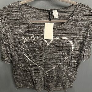 Divided Black and White Striped Women's Tee with Heart Graphic